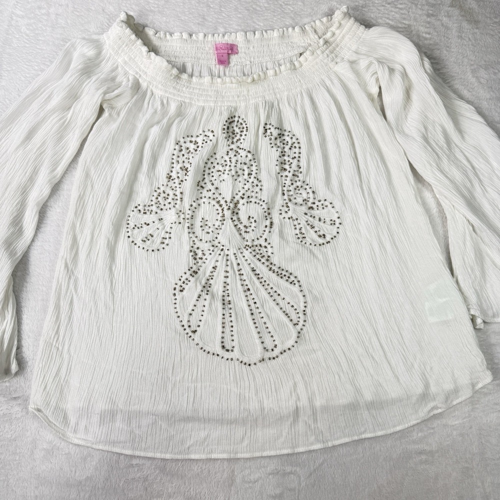 LILLY PULITZER Nita Off The Shoulder Top Size Small White Flare Sleeves Studded - Picture 2 of 9